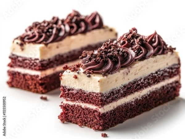Obraz Two slices of layered chocolate cake with cream frosting and chocolate sprinkles.
