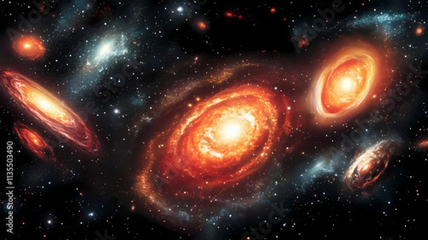 Fototapeta Fiery red and orange space nebula swirling around star clusters, with vibrant gas clouds creating a striking cosmic effect. Nightfall. Illustration