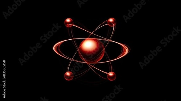 Obraz Red Atom Model with Electrons Orbiting in a Dark Background