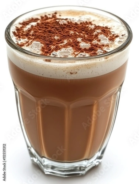 Fototapeta A glass of creamy coffee topped with cocoa powder, ideal for a cozy beverage experience.