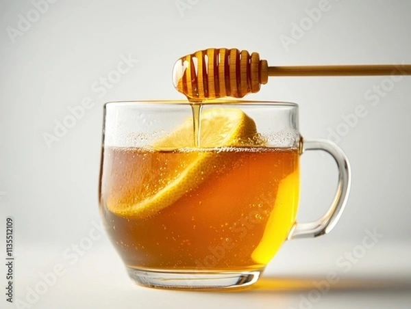 Fototapeta A cup of tea with lemon slices and honey being drizzled in.