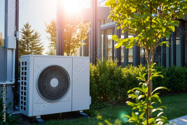 Fototapeta Modern Air Conditioning Unit with Greenery and Sunlight.generative AI
