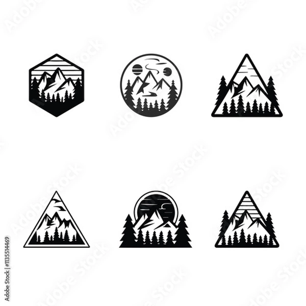 Fototapeta set of icons of mountain and pine tree silhouette design