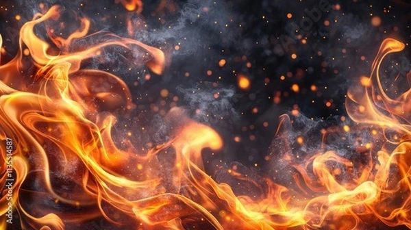 Fototapeta Dynamic Flames and Smoke with Glowing Sparks on Dark Background