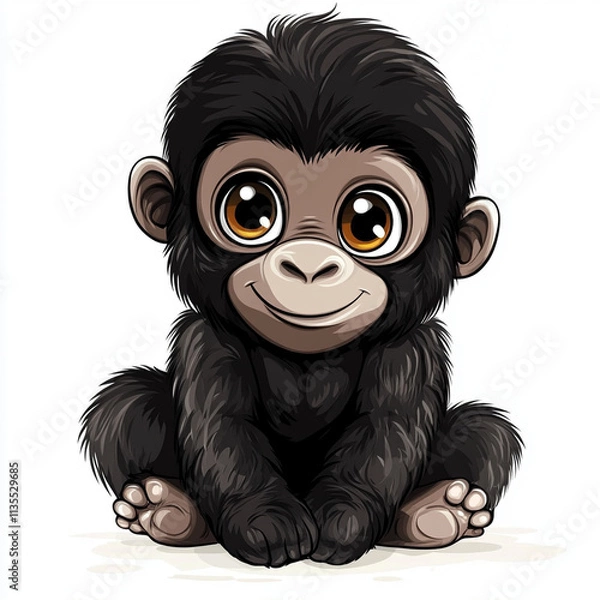 Fototapeta Cute baby gorilla with big eyes and fluffy fur, smiling joyfully