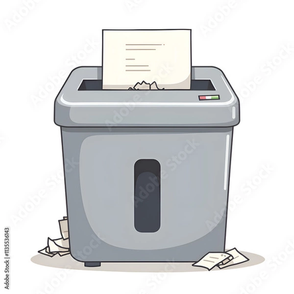 Fototapeta Stylized illustration of a shredding machine with torn papers and document waste around it, digital art of surrealism concept.