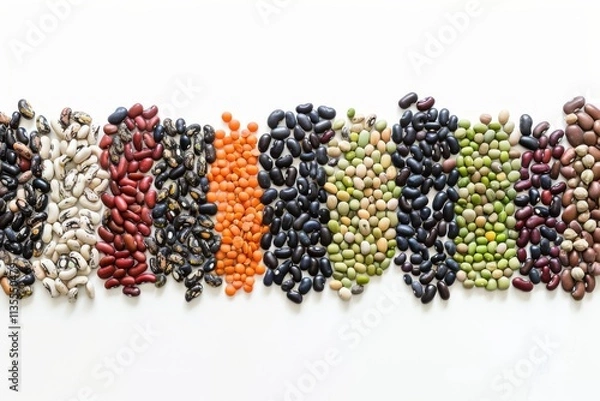 Fototapeta Colorful Arrangement of Various Fresh Legumes Neatly Organized on a White Background for Culinary and Health-Related Purposes
