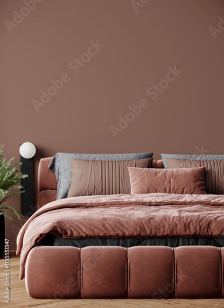 Obraz Bedroom in brown chocolate palette tones and accent trend mocha mousse 2025 color of the year. Empty painted wall accent. Modern details, furniture and interior design bedroom, hotel room. 3d render