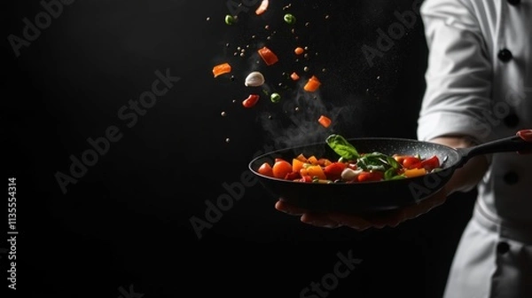 Obraz Black background, a chef holding a pan with flying ingredients in hand and turning it over to the side