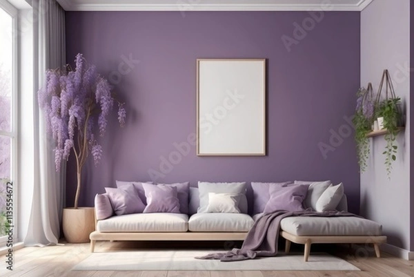 Fototapeta home interior, scandi-Boho style, blank poster frame, window, Wisteria Purple wall background