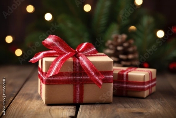Fototapeta Small gift box wrapped in plaid paper with a tag reading "Merry Christmas," set on a wooden surface