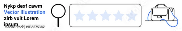 Fototapeta Magnifying glass icon, five-star rating bar, and satchel bag illustration. Ideal for web design, user reviews, e-commerce, customer feedback, business ratings, online shopping, marketing. Landing