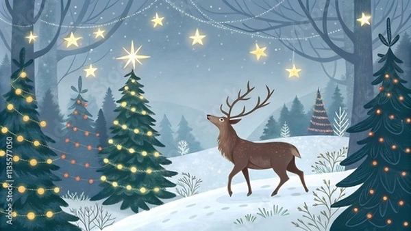 Fototapeta Magical Christmas Banner with Reindeer in Snowy Forest, Festive Holiday Scene