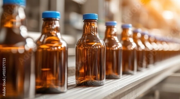 Fototapeta Bottles of amber-colored liquid on a shelf