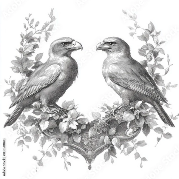 Fototapeta A Pair of Majestic Eagles in Floral Frame