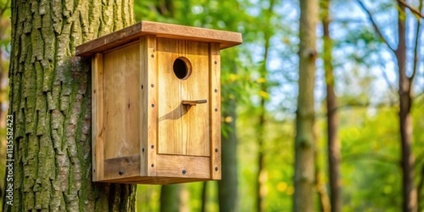 Fototapeta Wooden bird nesting box for local avian species during mating season, birdhouse, nesting, wooden, avian, bird, species