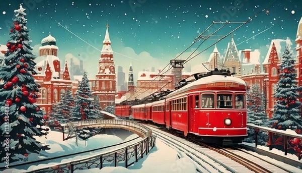 Fototapeta A red Christmas trolley in a snowy scene with Christmas trees