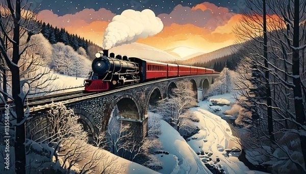 Fototapeta A steam engine crossing a bridge in a snowy scene