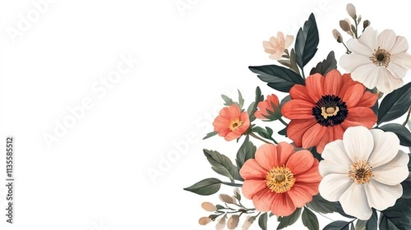 Fototapeta A vibrant floral arrangement featuring coral, white, and peach flowers with green leaves against a plain background.
