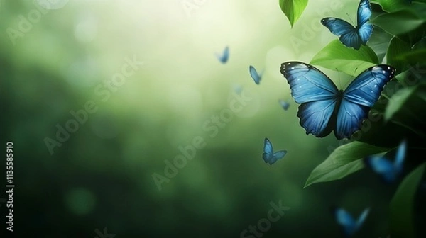 Obraz A vibrant blue butterfly perched on lush green leaves, surrounded by smaller butterflies in soft, blurred background.
