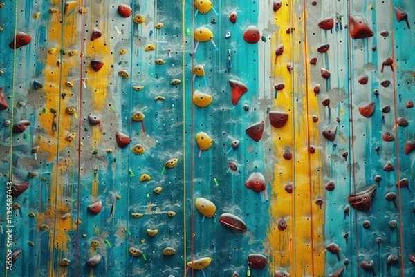 Fototapeta Detailed Color Image of Empty Artificial Rock Climbing Walls with Colorful Grips