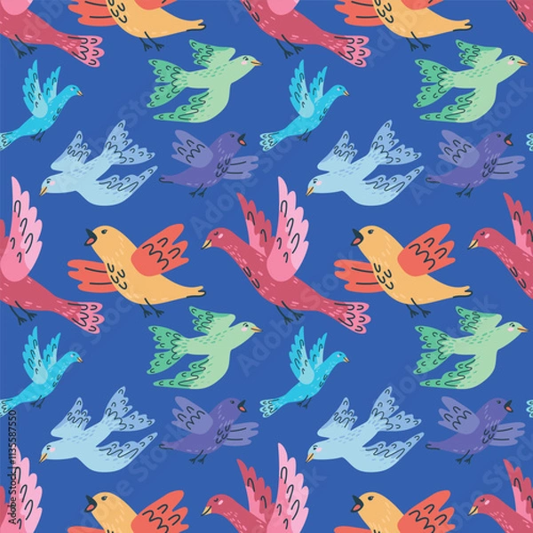Obraz Seamless pattern featuring handdrawn cute colorful birds