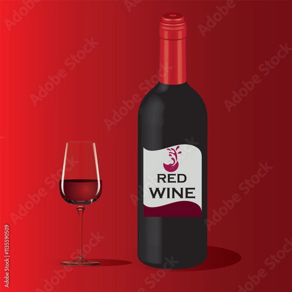 Fototapeta A bottle of 3D wine and a 3D glass of wine on a gradient red background. Vector illustration Eps 10
