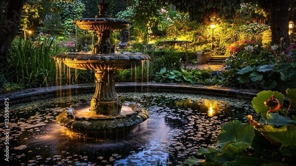 Obraz Serene Garden Fountain At Night Illuminated By Soft Lights