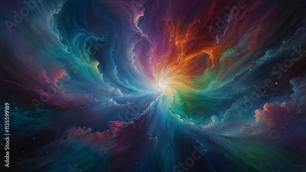 Fototapeta A mesmerizing digital painting in an abstract style, showcasing a vivid cosmic scene. The artwork features swirling galaxies, radiant nebulas.