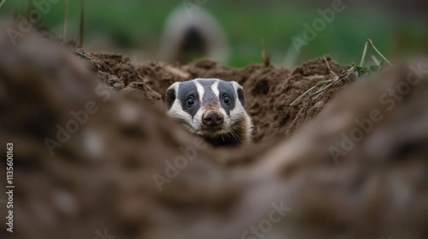 Fototapeta A curious badger peeks out from its burrow, surrounded by earthy tones and natural textures.