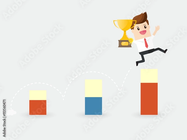 Fototapeta businessman hold golden trophy and jumping over barrier like crisis