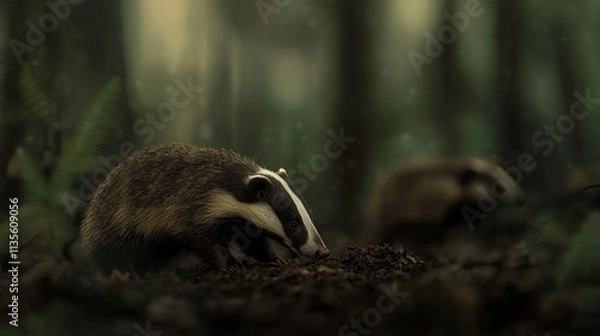 Fototapeta A close-up of a badger foraging in a dense, misty forest setting, exuding a sense of mystery and wildlife tranquility.