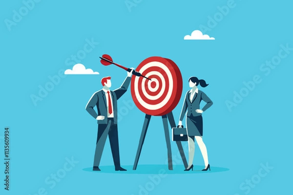 Fototapeta Unified Focus, Businessman and Woman Working Together to Hit the Bullseye Target with Precision