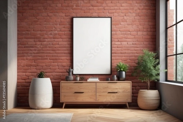 Fototapeta minimalist commode with decor in living room interior, red brick wall background, blank poster frame