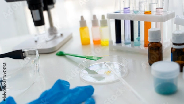 Obraz Microscope and test tubes on a table in the laboratory