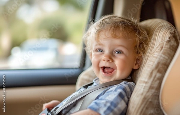 Fototapeta A happy child in a car seat