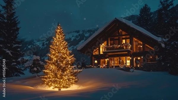 Fototapeta Illuminated Christmas Tree Beside a Snowy Mountain Chalet