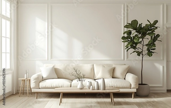 Obraz Minimalist living room with beige sofa, coffee table, and fiddle leaf fig.