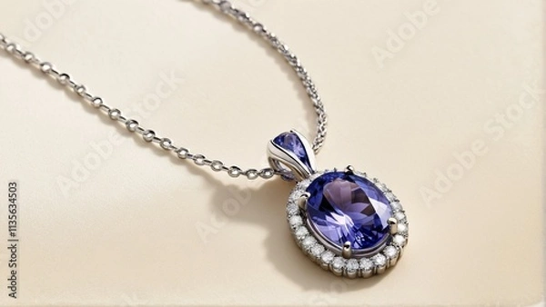 Obraz A silver necklace with a pendant featuring a large oval-shaped blue gemstone surrounded by smaller diamonds.
