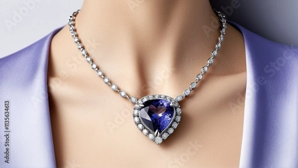 Fototapeta A close-up of a woman's neck and chest area, featuring a necklace with a large blue gemstone and a row of smaller diamonds.