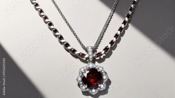 Fototapeta A silver necklace with a large red gemstone pendant and smaller diamonds is displayed against a white background.
