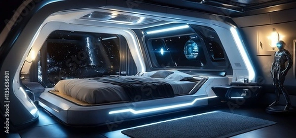 Fototapeta Futuristic spaceship bedroom with starlight view and robot.