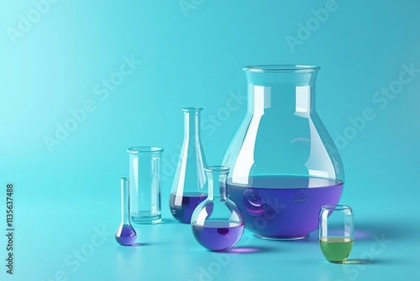 Fototapeta Vibrant Lab Glassware Collection with Purple and Green Liquids, Perfect for Science Education and Decorative Display