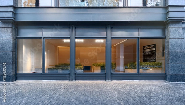 Fototapeta front view of display room store in black wall and open window glass against street