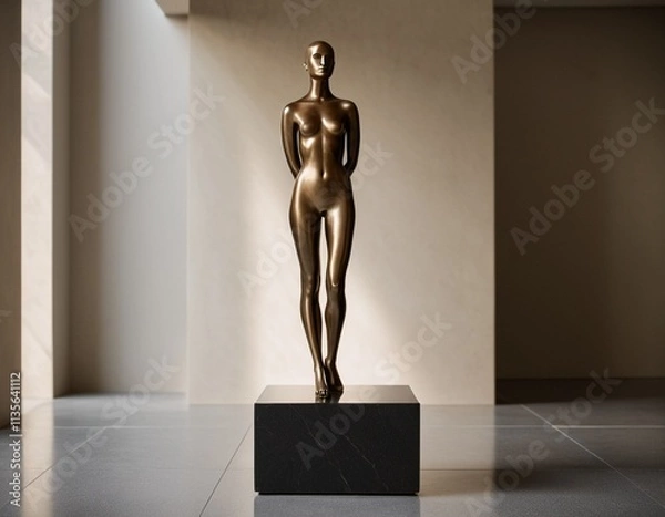 Obraz A bronze statue of a nude female figure stands on a black pedestal in a minimalist art gallery, bathed in natural light.