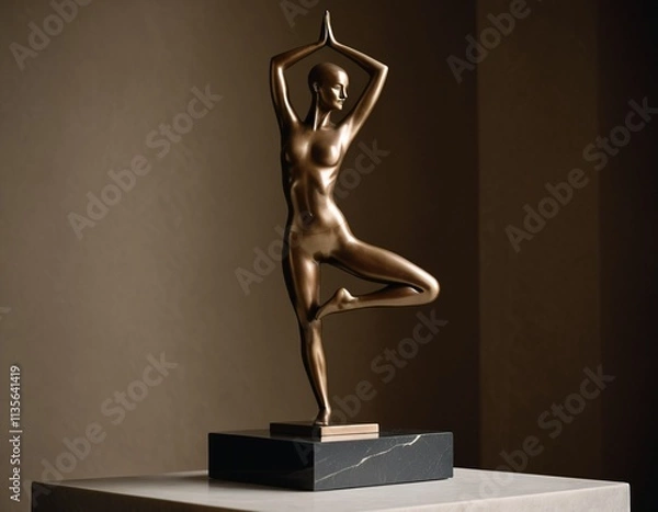 Fototapeta A bronze statue of a woman in a yoga pose, standing on one leg, is displayed on a marble base.