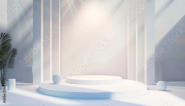 Fototapeta White Platform Display with Cylindrical Columns and Spherical Elements