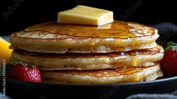 Fototapeta a stack of pancakes with butter and syrup on top