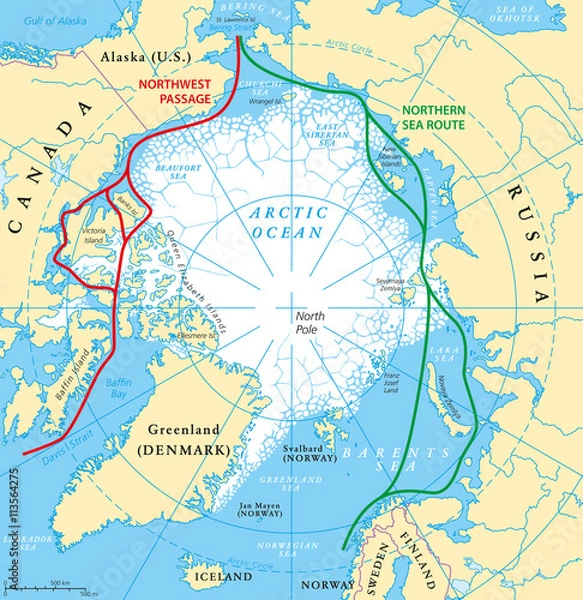 Fototapeta Arktyczna mapa oceaniczna z biegiem północnym i okręgiem arktycznym. Mapa regionu arktycznego z krajami, granicami krajowymi, rzekami i jeziorami. Mapa bez lodu morskiego. Etykietowanie i skalowanie angielskie.