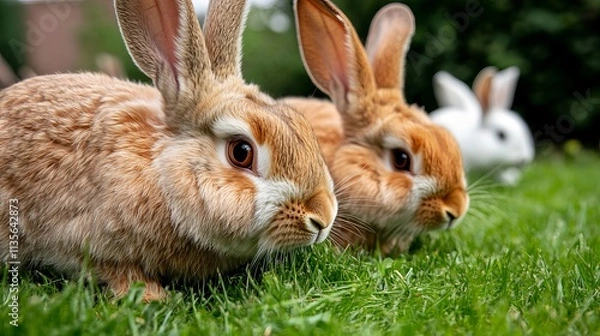 Fototapeta Two brown rabbits resting on lush green grass with a white rabbit in the background, showcasing their soft fur and curious expressions.